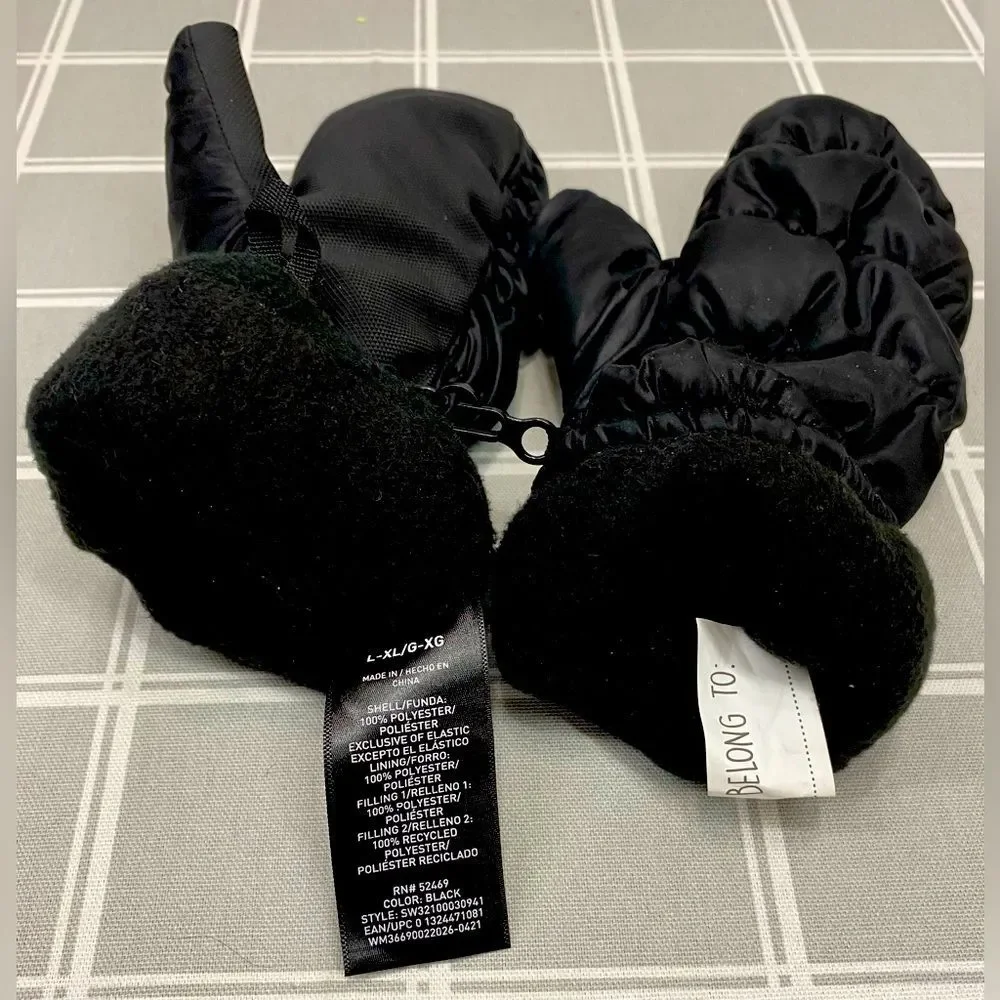 Puffer Mittens Fleece Lined Black Ski Gear Winter Outdoor Play Youth L / XL